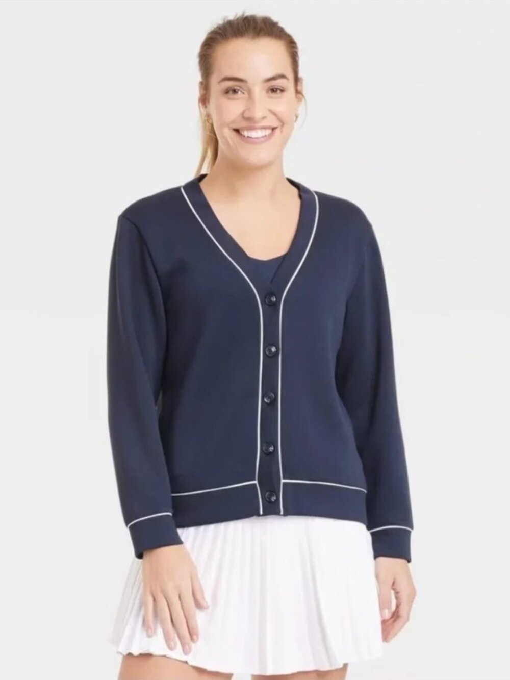 All In Motion Navy Blue Button Cardigan with White Piping S